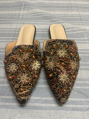 Embellished Pointed Toe Slip-On Mules in Multi-Color